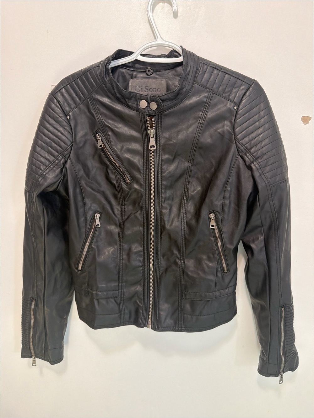 Ci Sono Black Quilted Shoulder Leather Moto Jacket